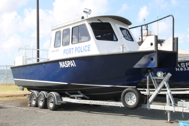 The replacement boat for use by the Nevis Air and Sea Ports Authority’s Marine Unit at the Long Point Port on December 18, 2015, ahead of its commissioning